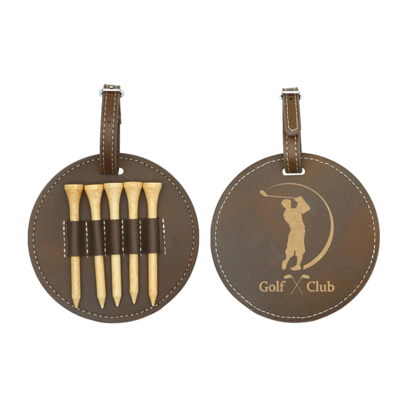 Thẻ túi golf tròn giả da có thể laser với 5 tees bằng gỗ