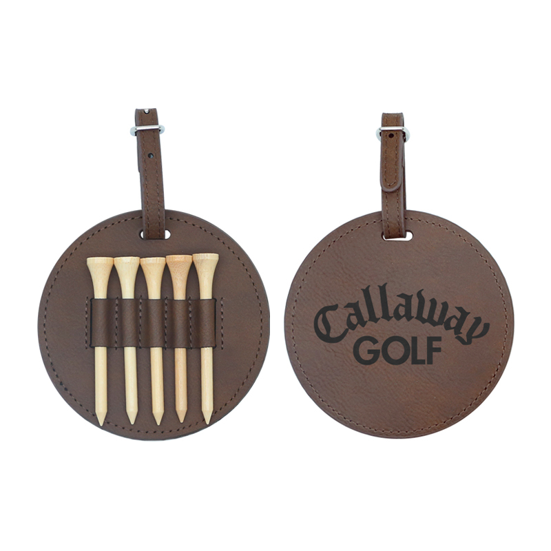 Thẻ túi golf tròn giả da có thể laser với 5 tees bằng gỗ