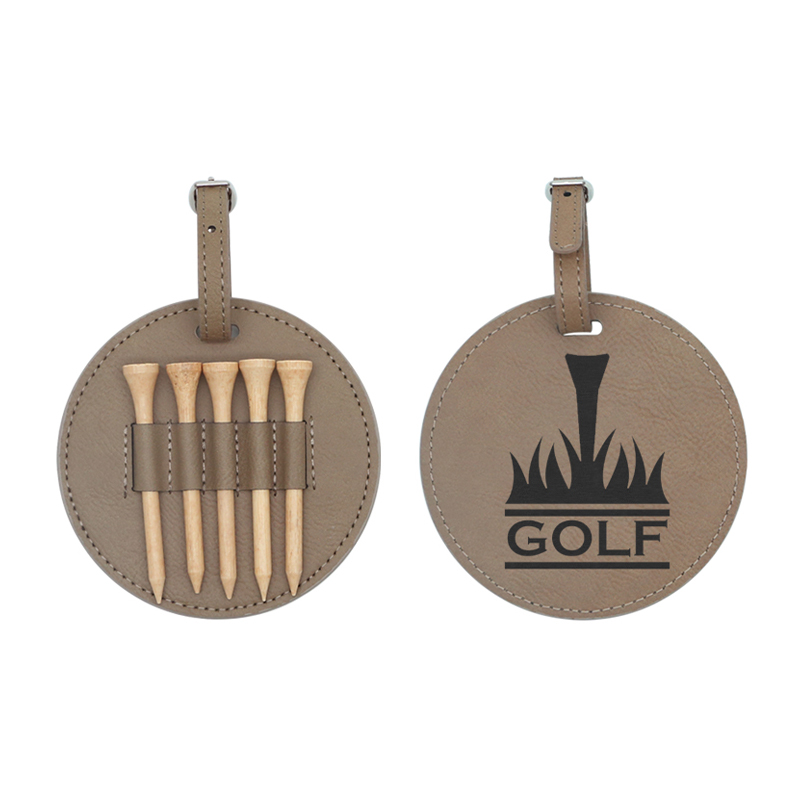 Thẻ túi golf tròn giả da có thể laser với 5 tees bằng gỗ