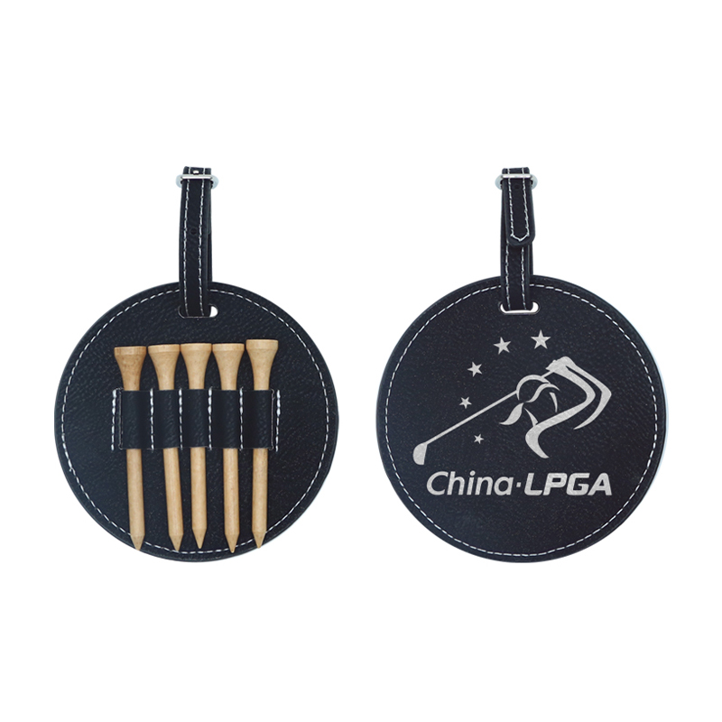 Thẻ túi golf tròn giả da có thể laser với 5 tees bằng gỗ