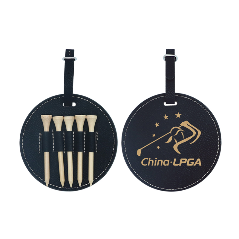 Thẻ túi golf tròn giả da có thể laser với 5 tees bằng gỗ